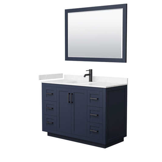 Wyndham Collection Miranda 48 Inch Single Bathroom Vanity in Dark Blue, Marble Countertop, Undermount Square Sink, Matte Black Trim, 46 Inch Mirror - Luxe Bathroom Vanities