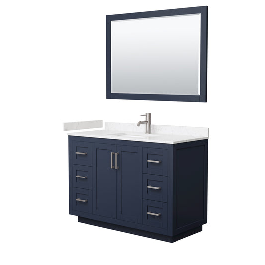 Wyndham Collection Miranda 48 Inch Single Bathroom Vanity in Dark Blue, Marble Countertop, Undermount Square Sink, Brushed Nickel Trim, 46 Inch Mirror - Luxe Bathroom Vanities
