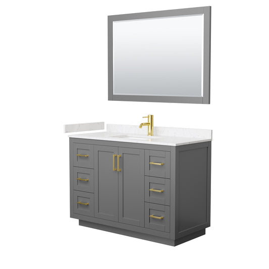 Wyndham Collection Miranda 48 Inch Single Bathroom Vanity in Dark Gray, Marble Countertop, Undermount Square Sink, Brushed Gold Trim, 46 Inch Mirror - Luxe Bathroom Vanities