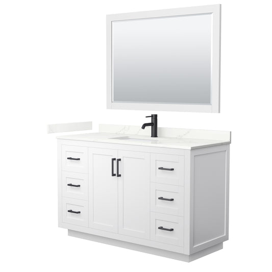 Wyndham Collection Miranda 54 Inch Single Bathroom Vanity in White, Quartz Countertop, Undermount Square Sink, Matte Black Trim - Luxe Bathroom Vanities