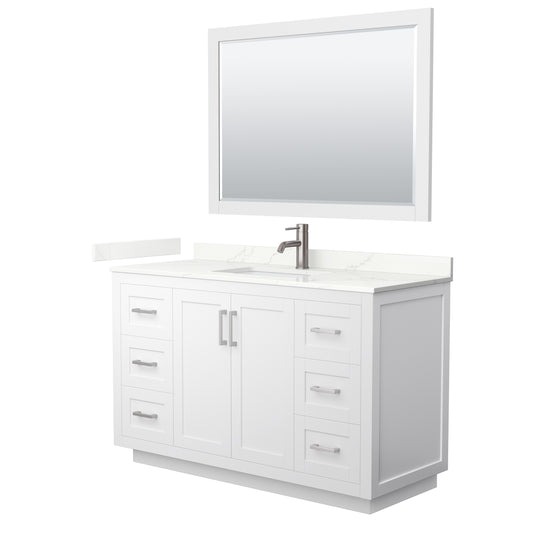 Wyndham Collection Miranda 54 Inch Single Bathroom Vanity in White, Quartz Countertop, Undermount Square Sink, Brushed Nickel Trim - Luxe Bathroom Vanities