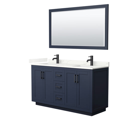 Wyndham Collection Miranda 60 Inch Double Bathroom Vanity in Dark Blue, Quartz Countertop, Undermount Square Sinks, Matte Black Trim - Luxe Bathroom Vanities