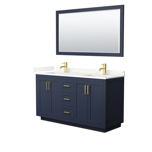 Wyndham Collection Miranda 60 Inch Double Bathroom Vanity in Dark Blue, Quartz Countertop, Undermount Square Sinks, Brushed Gold Trim - Luxe Bathroom Vanities