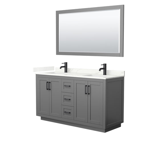 Wyndham Collection Miranda 60 Inch Double Bathroom Vanity in Dark Gray, Quartz Countertop, Undermount Square Sinks, Matte Black Trim - Luxe Bathroom Vanities