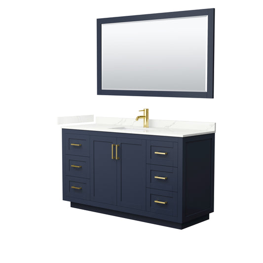 Wyndham Collection Miranda 60 Inch Single Bathroom Vanity in Dark Blue, Quartz Countertop, Undermount Square Sink, Brushed Gold Trim - Luxe Bathroom Vanities