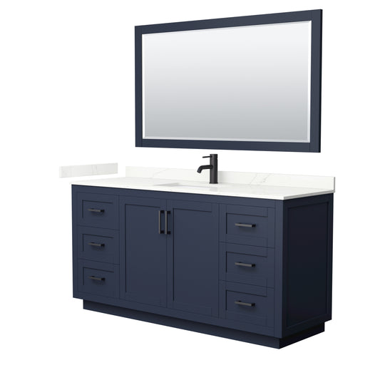 Wyndham Collection Miranda 66 Inch Single Bathroom Vanity in Dark Blue, Quartz Countertop, Undermount Square Sink, Matte Black Trim - Luxe Bathroom Vanities