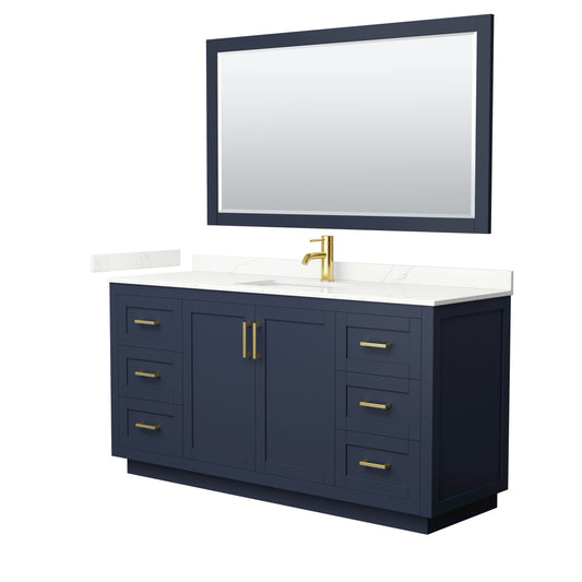 Wyndham Collection Miranda 66 Inch Single Bathroom Vanity in Dark Blue, Quartz Countertop, Undermount Square Sink, Brushed Gold Trim - Luxe Bathroom Vanities