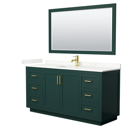 Wyndham Collection Miranda 66 Inch Single Bathroom Vanity in Green, Quartz Countertop, Undermount Square Sink, Brushed Gold Trim - Luxe Bathroom Vanities