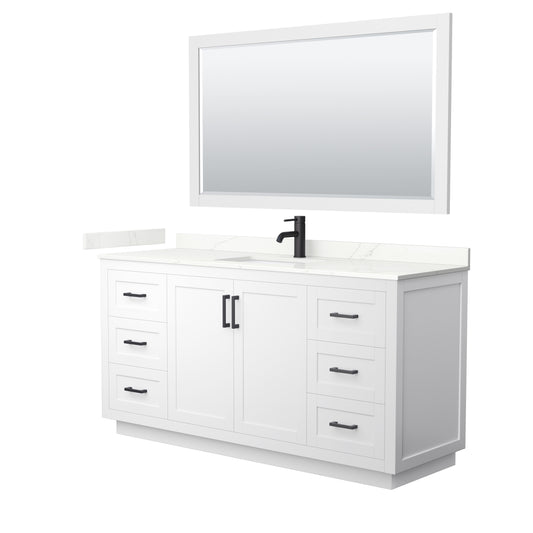 Wyndham Collection Miranda 66 Inch Single Bathroom Vanity in White, Quartz Countertop, Undermount Square Sink, Matte Black Trim - Luxe Bathroom Vanities