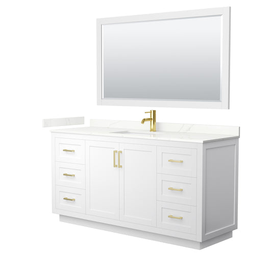 Wyndham Collection Miranda 66 Inch Single Bathroom Vanity in White, Quartz Countertop, Undermount Square Sink, Brushed Gold Trim - Luxe Bathroom Vanities