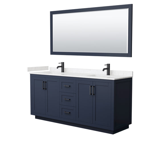 Wyndham Collection Miranda 72 Inch Double Bathroom Vanity in Dark Blue, Marble Countertop, Undermount Square Sinks, Matte Black Trim, 70 Inch Mirror - Luxe Bathroom Vanities