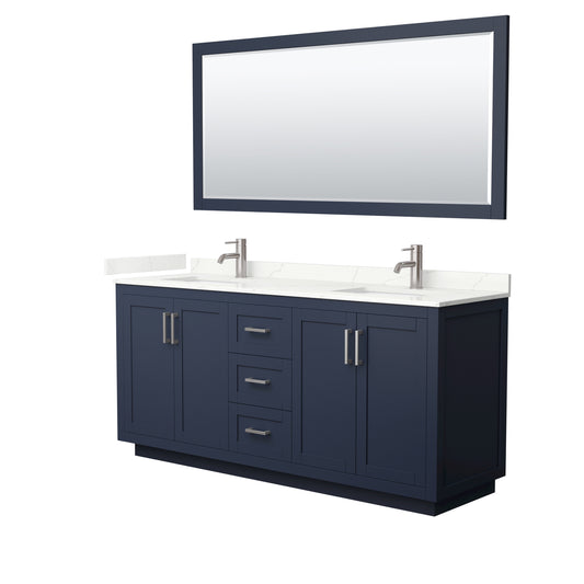 Wyndham Collection Miranda 72 Inch Double Bathroom Vanity in Dark Blue, Quartz Countertop, Undermount Square Sinks, Brushed Nickel Trim - Luxe Bathroom Vanities