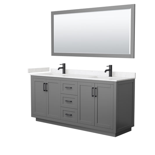 Wyndham Collection Miranda 72 Inch Double Bathroom Vanity in Dark Gray, Marble Countertop, Undermount Square Sinks, Matte Black Trim, 70 Inch Mirror - Luxe Bathroom Vanities