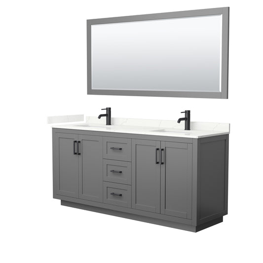 Wyndham Collection Miranda 72 Inch Double Bathroom Vanity in Dark Gray, Quartz Countertop, Undermount Square Sinks, Matte Black Trim - Luxe Bathroom Vanities