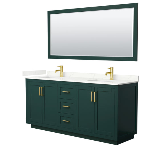Wyndham Collection Miranda 72 Inch Double Bathroom Vanity in Green, Quartz Countertop, Undermount Square Sinks, Brushed Gold Trim - Luxe Bathroom Vanities