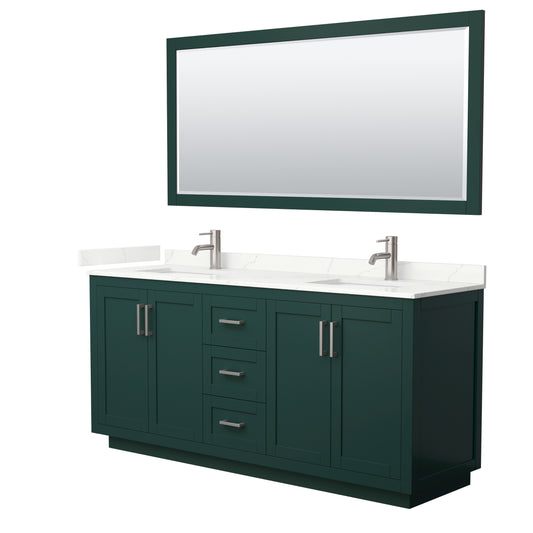 Wyndham Collection Miranda 72 Inch Double Bathroom Vanity in Green, Quartz Countertop, Undermount Square Sinks, Brushed Nickel Trim - Luxe Bathroom Vanities