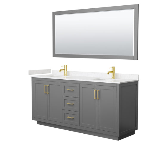 Wyndham Collection Miranda 72 Inch Double Bathroom Vanity in Dark Gray, Marble Countertop, Undermount Square Sinks, Brushed Gold Trim, 70 Inch Mirror - Luxe Bathroom Vanities