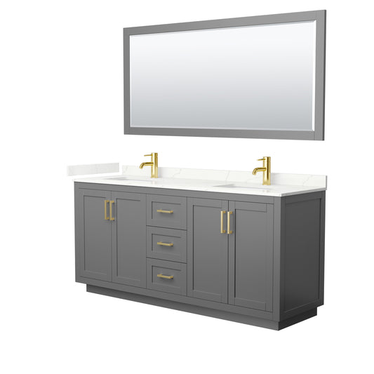 Wyndham Collection Miranda 72 Inch Double Bathroom Vanity in Dark Gray, Quartz Countertop, Undermount Square Sinks, Brushed Gold Trim - Luxe Bathroom Vanities