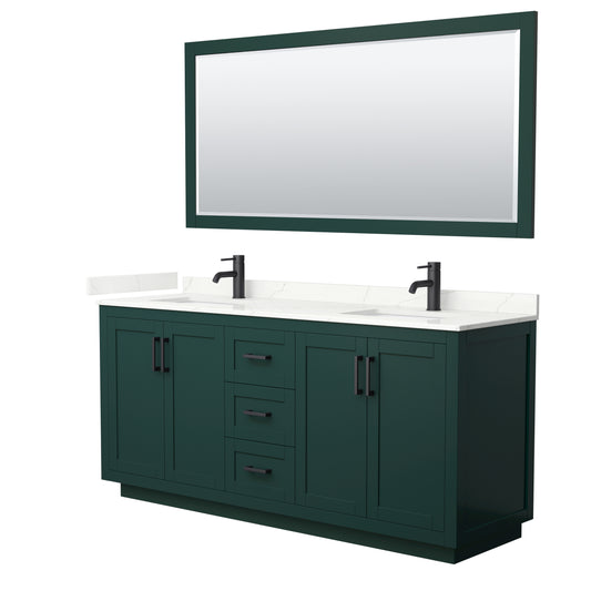 Wyndham Collection Miranda 72 Inch Double Bathroom Vanity in Green, Quartz Countertop, Undermount Square Sinks, Matte Black Trim - Luxe Bathroom Vanities