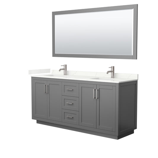 Wyndham Collection Miranda 72 Inch Double Bathroom Vanity in Dark Gray, Quartz Countertop, Undermount Square Sinks, Brushed Nickel Trim - Luxe Bathroom Vanities