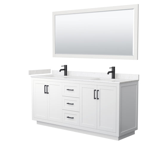Wyndham Collection Miranda 72 Inch Double Bathroom Vanity in White, Marble Countertop, Undermount Square Sinks, Matte Black Trim, 70 Inch Mirror - Luxe Bathroom Vanities