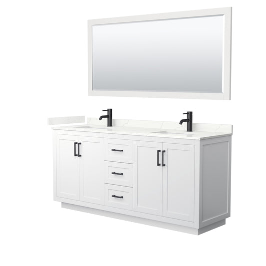 Wyndham Collection Miranda 72 Inch Double Bathroom Vanity in White, Quartz Countertop, Undermount Square Sinks, Matte Black Trim - Luxe Bathroom Vanities