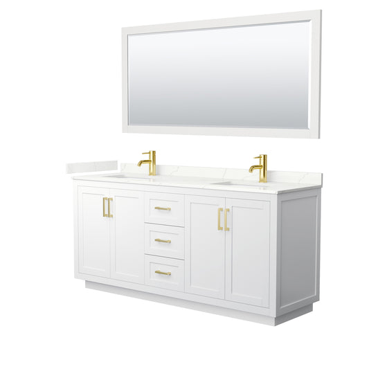 Wyndham Collection Miranda 72 Inch Double Bathroom Vanity in White, Quartz Countertop, Undermount Square Sinks, Brushed Gold Trim - Luxe Bathroom Vanities