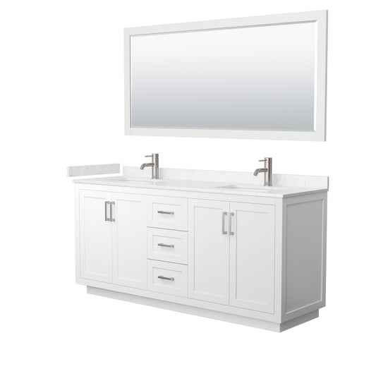 Wyndham Collection Miranda 72 Inch Double Bathroom Vanity in White, Marble Countertop, Undermount Square Sinks, Brushed Nickel Trim, 70 Inch Mirror - Luxe Bathroom Vanities