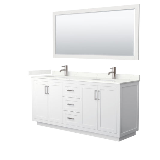 Wyndham Collection Miranda 72 Inch Double Bathroom Vanity in White, Quartz Countertop, Undermount Square Sinks, Brushed Nickel Trim - Luxe Bathroom Vanities