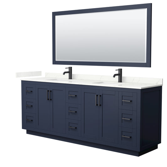 Wyndham Collection Miranda 84 Inch Double Bathroom Vanity in Dark Blue, Quartz Countertop, Undermount Square Sinks, Matte Black Trim - Luxe Bathroom Vanities