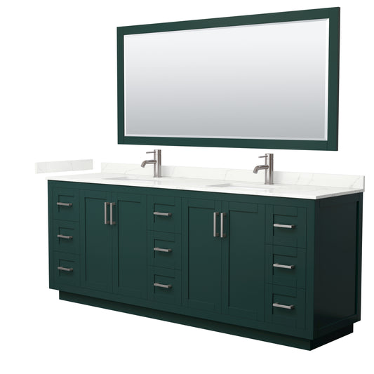 Wyndham Collection Miranda 84 Inch Double Bathroom Vanity in Green, Quartz Countertop, Undermount Square Sinks, Brushed Nickel Trim - Luxe Bathroom Vanities