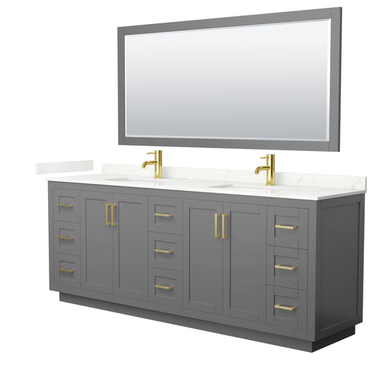 Wyndham Collection Miranda 84 Inch Double Bathroom Vanity in Dark Gray, Quartz Countertop, Undermount Square Sinks, Brushed Gold Trim - Luxe Bathroom Vanities