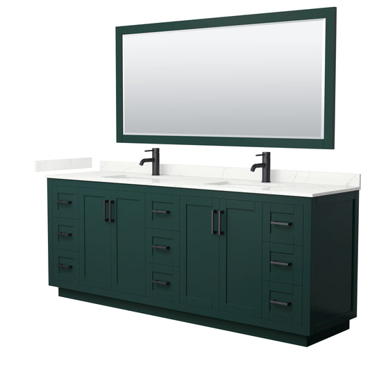 Wyndham Collection Miranda 84 Inch Double Bathroom Vanity in Green, Quartz Countertop, Undermount Square Sinks, Matte Black Trim - Luxe Bathroom Vanities