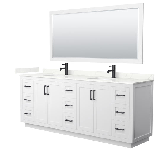 Wyndham Collection Miranda 84 Inch Double Bathroom Vanity in White, Quartz Countertop, Undermount Square Sinks, Matte Black Trim - Luxe Bathroom Vanities