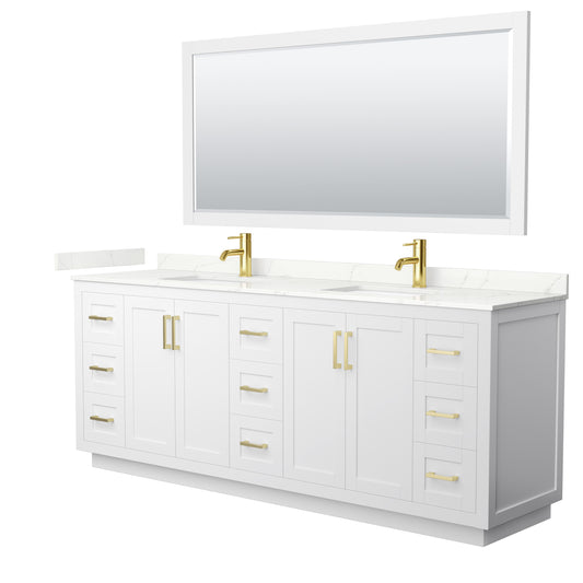 Wyndham Collection Miranda 84 Inch Double Bathroom Vanity in White, Quartz Countertop, Undermount Square Sinks, Brushed Gold Trim - Luxe Bathroom Vanities