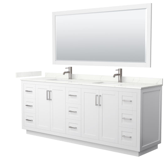 Wyndham Collection Miranda 84 Inch Double Bathroom Vanity in White, Quartz Countertop, Undermount Square Sinks, Brushed Nickel Trim - Luxe Bathroom Vanities