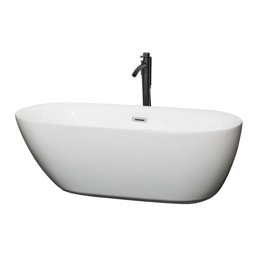 Wyndham Collection Melissa 65 Inch Freestanding Bathtub in White with Floor Mounted Faucet, Drain and Overflow Trim - Luxe Bathroom Vanities
