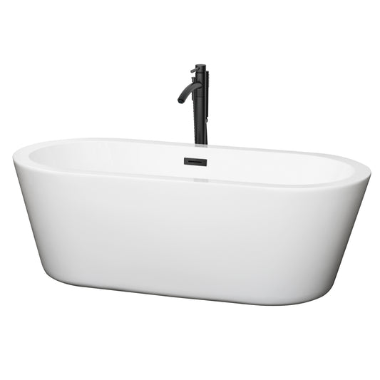 Wyndham Collection Mermaid 67 Inch Freestanding Bathtub in White with Floor Mounted Faucet, Drain and Overflow Trim in Matte Black - Luxe Bathroom Vanities