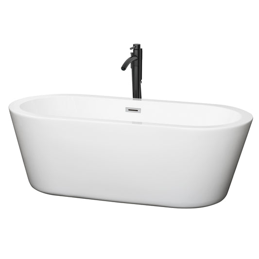 Wyndham Collection Mermaid 67 Inch Freestanding Bathtub in White with Floor Mounted Faucet, Drain and Overflow Trim - Luxe Bathroom Vanities