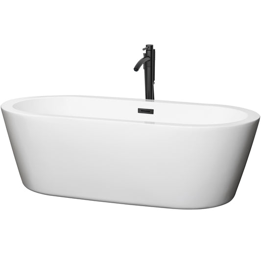 Wyndham Collection Mermaid 71 Inch Freestanding Bathtub in White with Floor Mounted Faucet, Drain and Overflow Trim in Matte Black - Luxe Bathroom Vanities