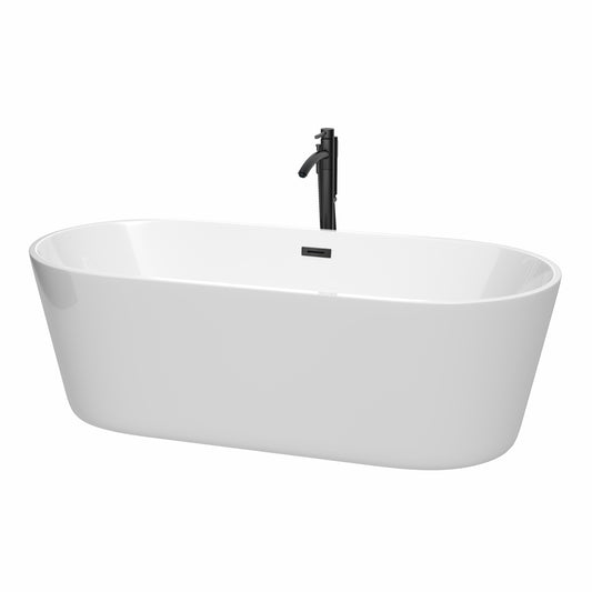 Wyndham Collection Carissa 71 Inch Freestanding Bathtub in White with Floor Mounted Faucet, Drain and Overflow Trim in Matte Black - Luxe Bathroom Vanities