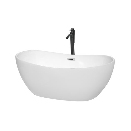 Wyndham Collection Rebecca 60 Inch Freestanding Bathtub in White with Floor Mounted Faucet, Drain and Overflow Trim - Luxe Bathroom Vanities