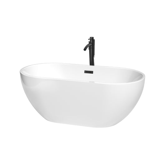 Wyndham Collection Brooklyn 60 Inch Freestanding Bathtub in White with Floor Mounted Faucet, Drain and Overflow Trim in Matte Black - Luxe Bathroom Vanities