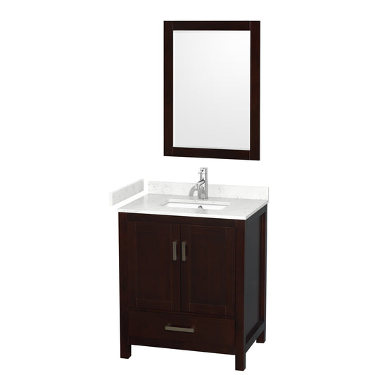Wyndham Collection Sheffield 30 Inch Single Bathroom Vanity in Espresso, Marble Countertop, Undermount Square Sink, 24 Inch Mirror - Luxe Bathroom Vanities