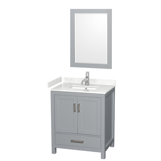 Wyndham Collection Sheffield 30 Inch Single Bathroom Vanity in Gray, Marble Countertop, Undermount Square Sink, 24 Inch Mirror - Luxe Bathroom Vanities