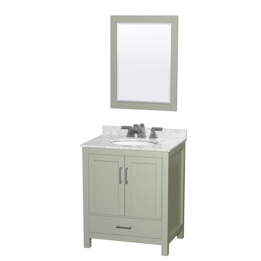 Wyndham Collection Sheffield 30 inch Single Bathroom Vanity in Light Green, White Carrara Marble Countertop, Brushed Nickel Trim - Luxe Bathroom Vanities