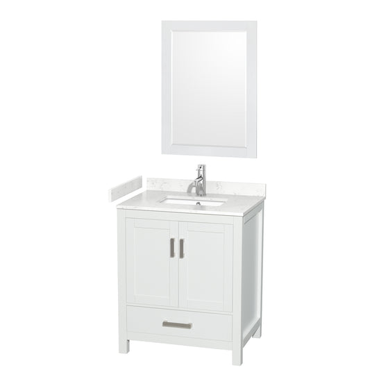 Wyndham Collection Sheffield 30 Inch Single Bathroom Vanity in White, Marble Countertop, Undermount Square Sink, 24 Inch Mirror - Luxe Bathroom Vanities