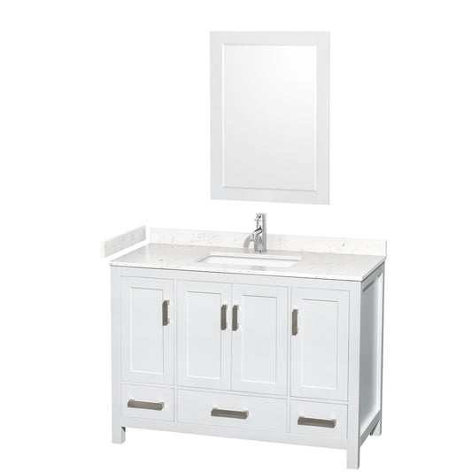 Wyndham Collection Sheffield 48 Inch Single Bathroom Vanity in White, Marble Countertop, Undermount Square Sink, 24 Inch Mirror - Luxe Bathroom Vanities