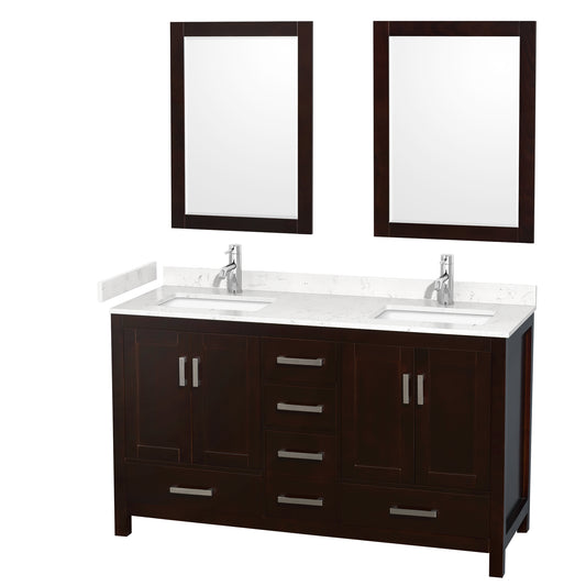 Wyndham Collection Sheffield 60 Inch Double Bathroom Vanity in Espresso, Marble Countertop, Undermount Square Sinks, 24 and 58 Inch Mirrors - Luxe Bathroom Vanities