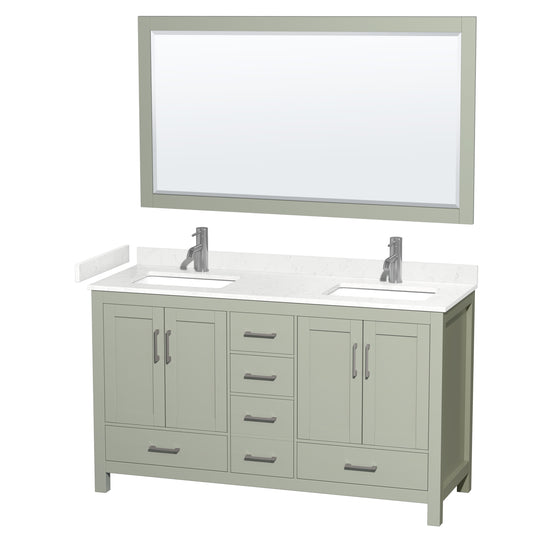Wyndham Collection Sheffield 60 inch Double Bathroom Vanity in Light Green, Undermount Square Sinks, Brushed Nickel Trim - Luxe Bathroom Vanities
